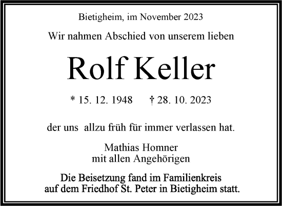 Traueranzeige von Rolf Keller von Bietigheimer Zeitung