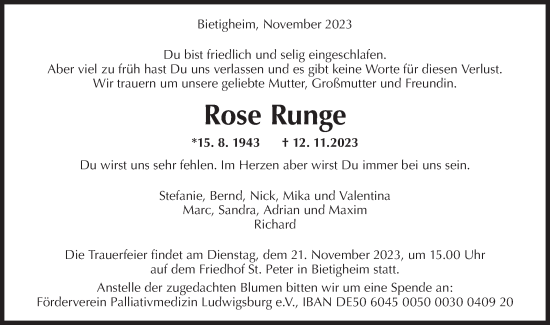 Traueranzeige von Rose Runge von Bietigheimer Zeitung