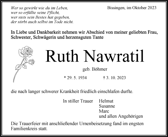 Traueranzeige von Ruth Nawratil von Bietigheimer Zeitung