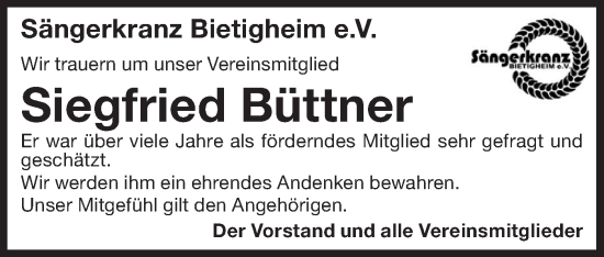 Traueranzeige von Siegfried Büttner von Bietigheimer Zeitung