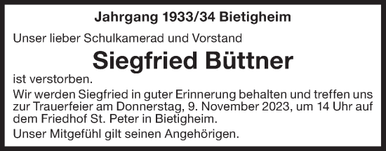 Traueranzeige von Siegfried Büttner von Bietigheimer Zeitung