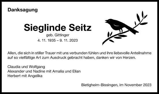 Traueranzeige von Sieglinde Seitz von Bietigheimer Zeitung