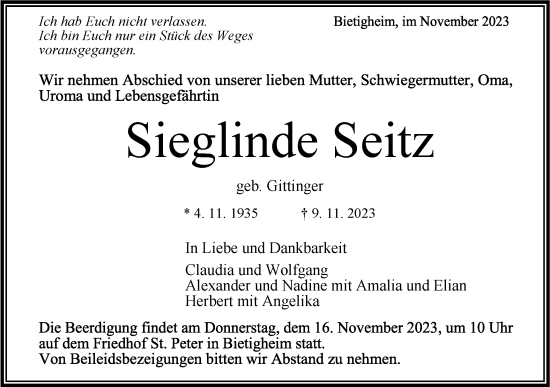 Traueranzeige von Sieglinde Seitz von Bietigheimer Zeitung