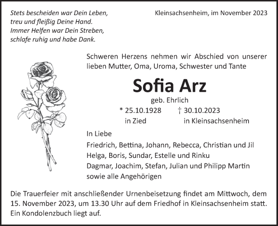 Traueranzeige von Sofia Arz von Bietigheimer Zeitung