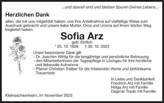 Traueranzeige von Sofia Arz von Bietigheimer Zeitung