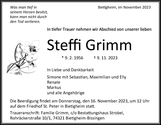 Traueranzeige von Steffi Grimm von Bietigheimer Zeitung