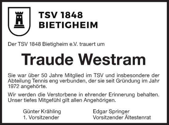 Traueranzeige von Traude Westram von Bietigheimer Zeitung