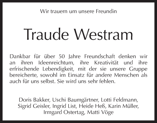 Traueranzeige von Traude Westram von Bietigheimer Zeitung