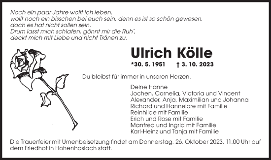 Traueranzeige von Ulrich Kölle von Bietigheimer Zeitung