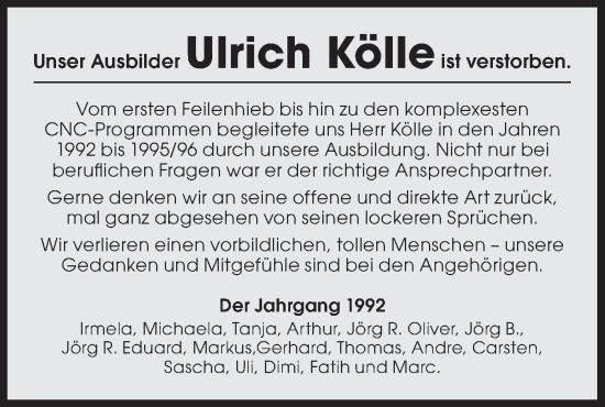 Traueranzeige von Ulrich Kölle von Bietigheimer Zeitung