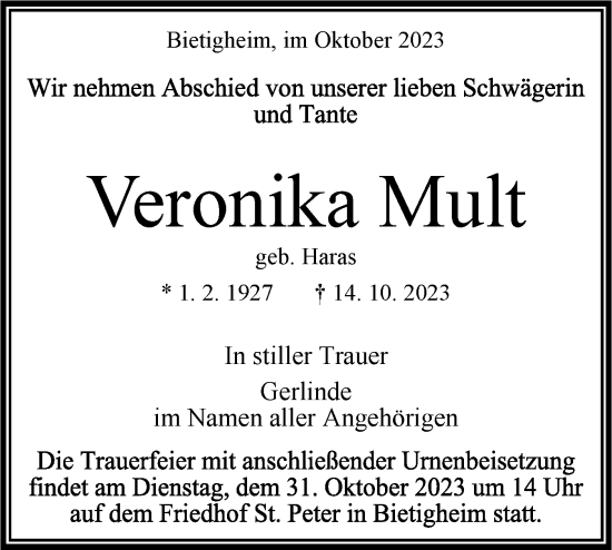 Traueranzeige von Veronika Mult von Bietigheimer Zeitung