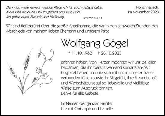 Traueranzeige von Wolfgang Gögel von Bietigheimer Zeitung