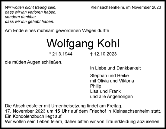 Traueranzeige von Wolfgang Kohl von Bietigheimer Zeitung