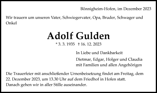 Traueranzeige von Adolf Gulden von Bietigheimer Zeitung