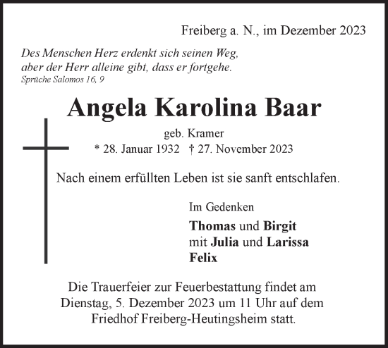 Traueranzeige von Angela Karolina Baar von Bietigheimer Zeitung