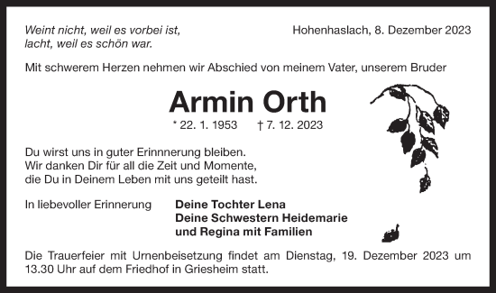 Traueranzeige von Armin Orth von Bietigheimer Zeitung