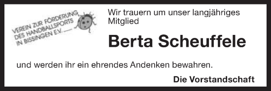 Traueranzeige von Berta Scheuffele von Bietigheimer Zeitung