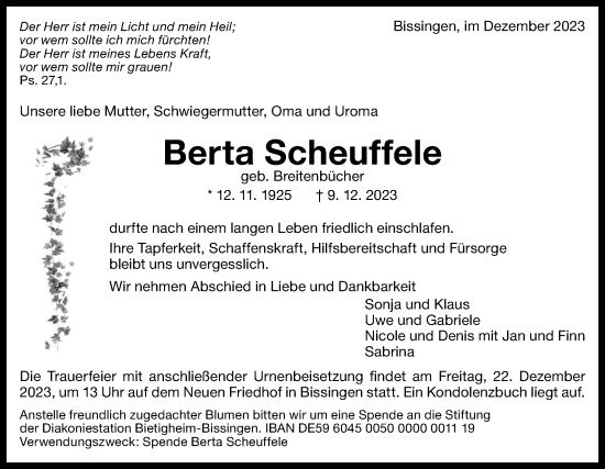 Traueranzeige von Berta Scheuffele von Bietigheimer Zeitung