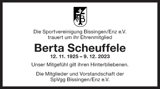 Traueranzeige von Berta Scheuffele von Bietigheimer Zeitung