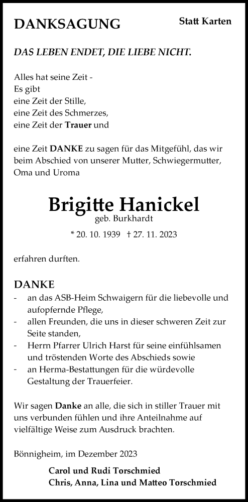 Traueranzeige von Brigitte Hanickel von Bietigheimer Zeitung