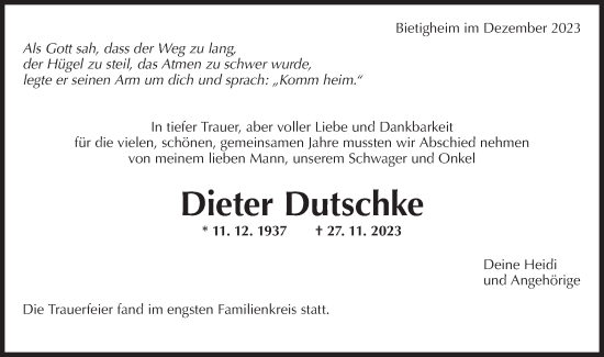 Traueranzeige von Dieter Dutschke von Bietigheimer Zeitung