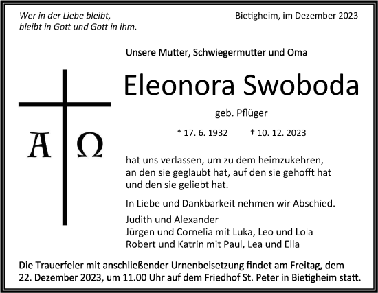 Traueranzeige von Eleonora Swoboda von Bietigheimer Zeitung