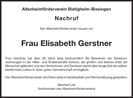 Traueranzeige von Elisabeth Gerstner von Bietigheimer Zeitung
