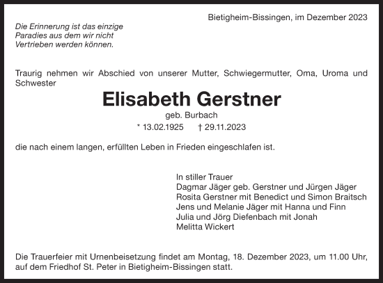 Traueranzeige von Elisabeth Gerstner von Bietigheimer Zeitung