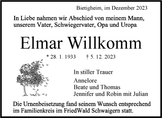 Traueranzeige von Elmar Willkomm von Bietigheimer Zeitung