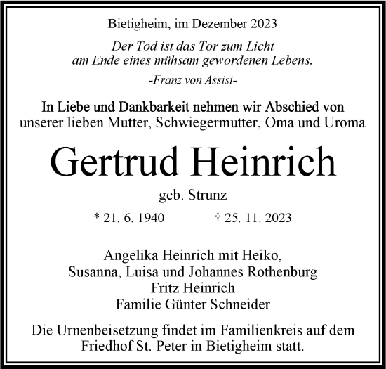 Traueranzeige von Gertrud Heinrich von Bietigheimer Zeitung
