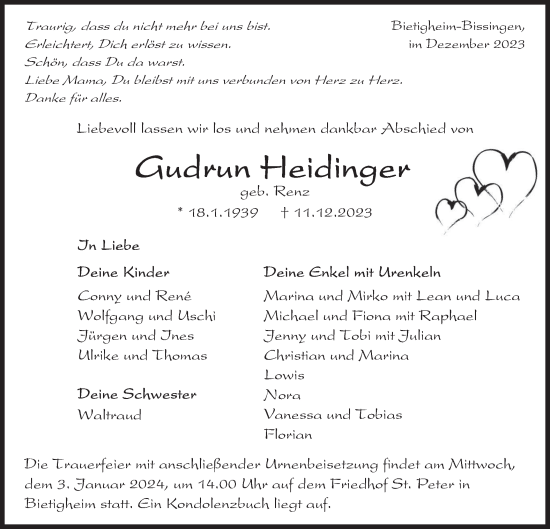 Traueranzeige von Gudrun Heidinger von Bietigheimer Zeitung