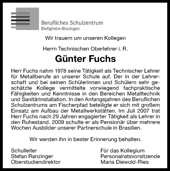 Traueranzeige von Günter Fuchs von Bietigheimer Zeitung