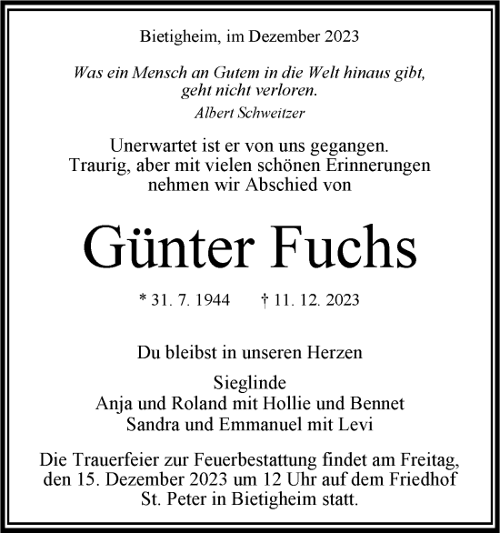 Traueranzeige von Günter Fuchs von Bietigheimer Zeitung