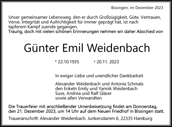 Traueranzeige von Günter Emil Weidenbach von Bietigheimer Zeitung