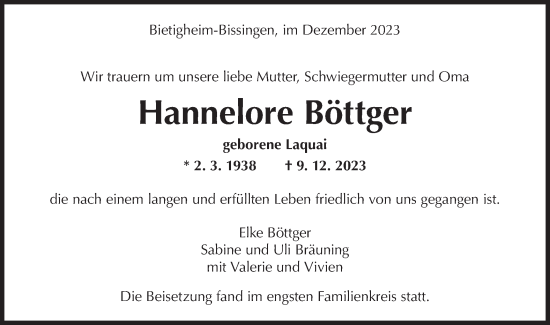 Traueranzeige von Hannelore  Böttger von Bietigheimer Zeitung