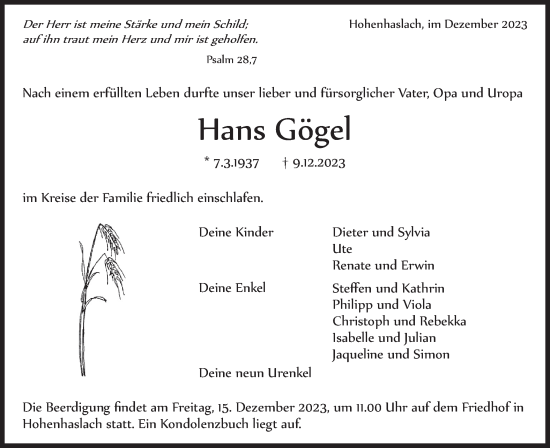 Traueranzeige von Hans Gögel von Bietigheimer Zeitung