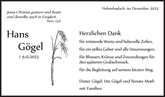 Traueranzeige von Hans Gögel von Bietigheimer Zeitung