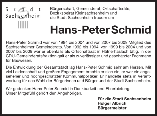 Traueranzeige von Hans Peter Schmid von Bietigheimer Zeitung