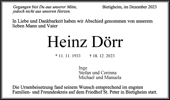 Traueranzeige von Heinz Dörr von Bietigheimer Zeitung