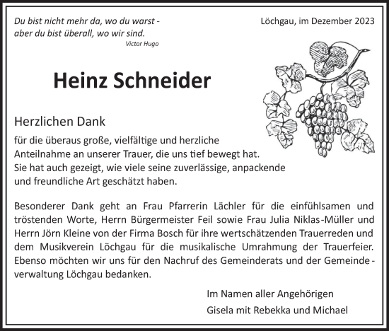 Traueranzeige von Heinz Schneider von Bietigheimer Zeitung