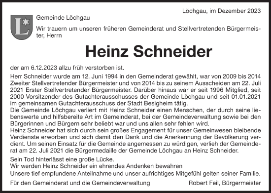 Traueranzeige von Heinz Schneider von Bietigheimer Zeitung