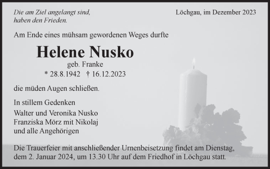 Traueranzeige von Helene Nusko von Bietigheimer Zeitung