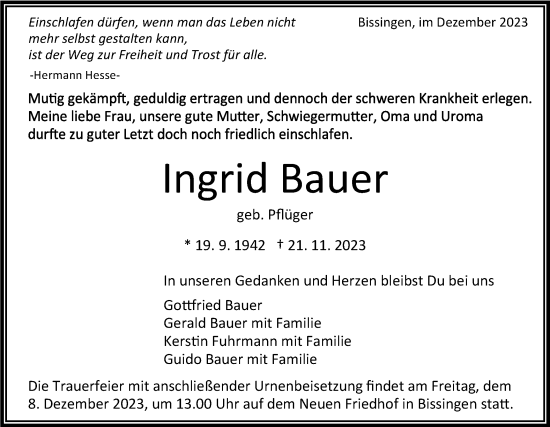 Traueranzeige von Ingrid Bauer von Bietigheimer Zeitung