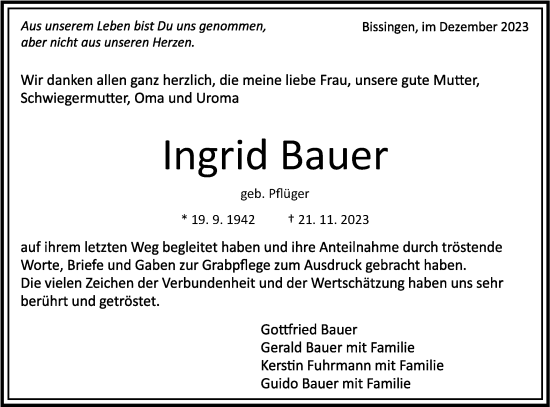 Traueranzeige von Ingrid Bauer von Bietigheimer Zeitung