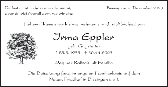 Traueranzeige von Irma Eppler von Bietigheimer Zeitung