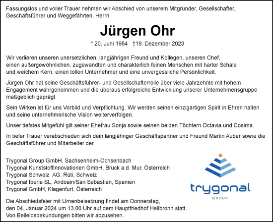 Traueranzeige von Jürgen Ohr von Bietigheimer Zeitung