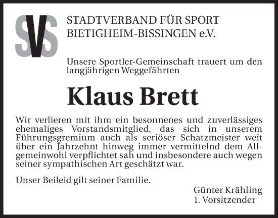 Traueranzeige von Klaus Brett von Bietigheimer Zeitung