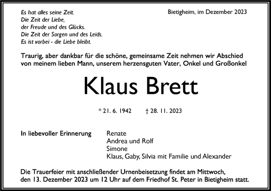 Traueranzeige von Klaus Brett von Bietigheimer Zeitung