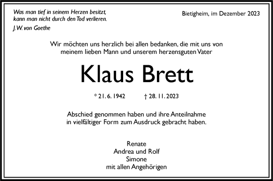 Traueranzeige von Klaus Brett von Bietigheimer Zeitung