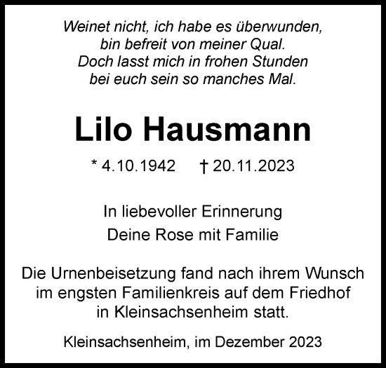 Traueranzeige von Lilo Hausmann von Bietigheimer Zeitung